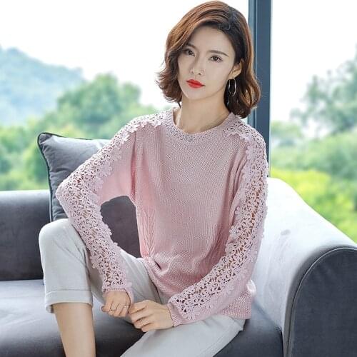Fall Spring Thin Sweater Women Round Neck Lace Hollow Knitted Sweaters Female Loose Large Size Sweet Casual Jumper Tops H9263