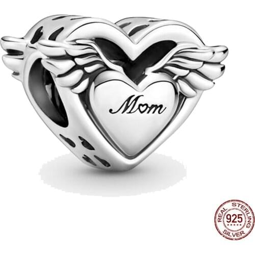 Mothers Day Gift Silver Color Heart Angel Wings Beads MOM Charm Fit Pandora Bracelet Pendant Jewelry Making For Women