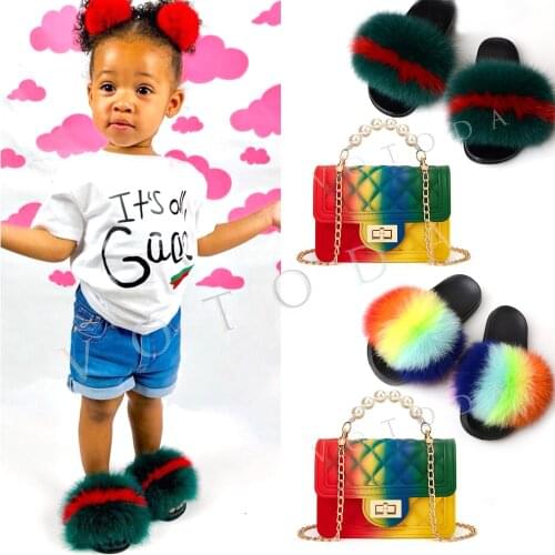 Children Fur Slippers And Jelly Purse Sets Kids Fluffy Fox Fur Slides With Purse Toddler Furry Raccoon Flip Flops Rainbow Shoes