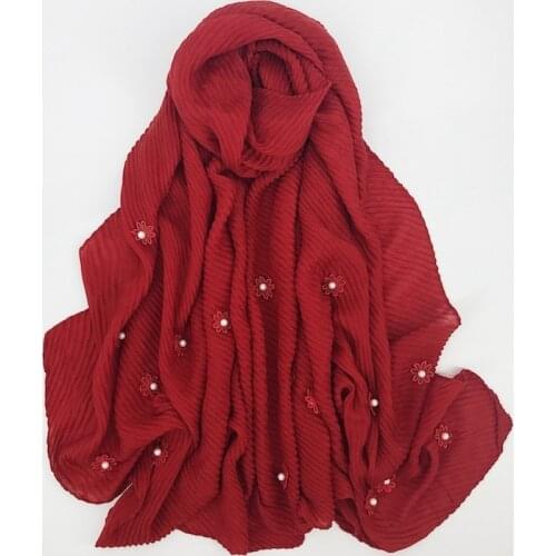 Sweet Flower Pearl Scarf Hijabs Wrinkled Striped Cotton Linen Scarf Female Sunscreen Shawl Beach Shawl Wrap Muslim Headscarf