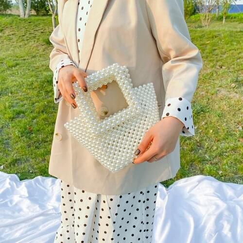 Ladies Big Basket Clutch Tote Bags Pearls Handbags Women 2021 New Elegant Korean Hand Woven Pearl Beaded Purses and Handbag