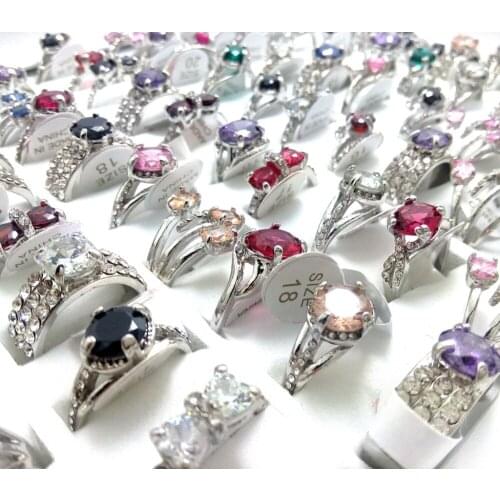 30PCS Silver plated Design Mix Zircon Wedding Rings Women Colorful Crystal Romantic Rings Birthday Gift Party Jewelry