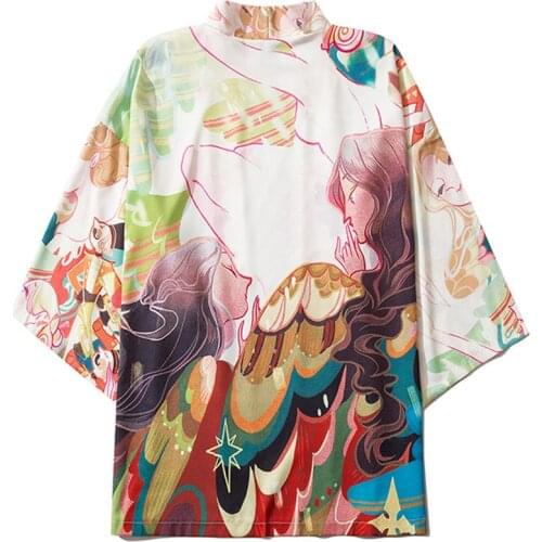 Women Men White Cardigan Shirt Yukata Haori Obi Clothing Fashion Anime Blouse Beach Clothes Japanese Style Print Kimono
