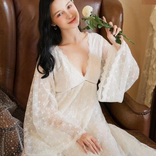 Fairy White Romantic Nightgowns Women Autumn Embroidery Lace Peignoir Long Night Dress Victorian Vintage Sleepwear Sexy Nightie