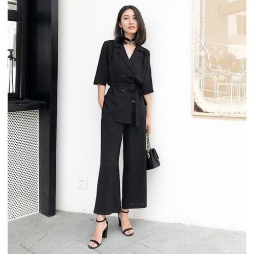 Woman Chffion Pant Suits Office Lady Sets OL Workwear Double Breasted Belted Black Blazer Jacket & Trousers 2 Piece Set Female