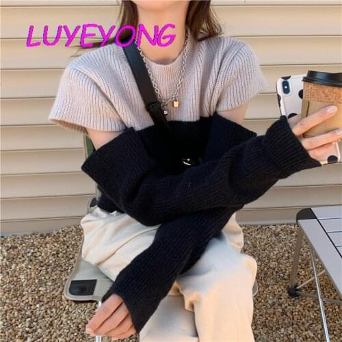 Korean Fashion Harajuku Knit Top Autumn Women Hollow Out Patchwork Contrast Color Sweaters Elegant Lady Knitted Pull Sweater