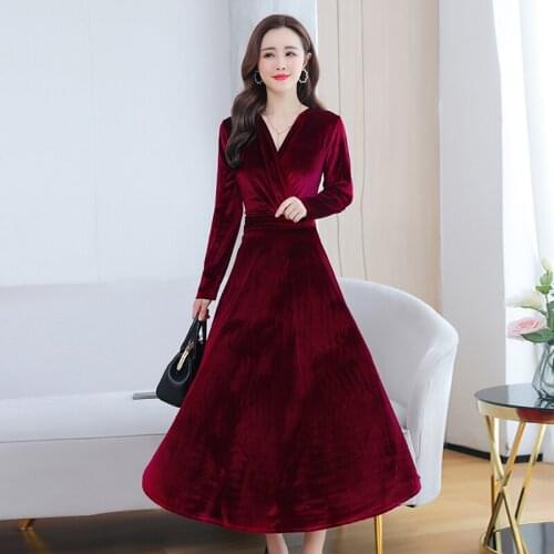 2020 Autumn Winter Women Dress M-4XL High Quality Sexy V-Neck Solid Color Velvet Base Dress Elegant Slim Runway Long Dress