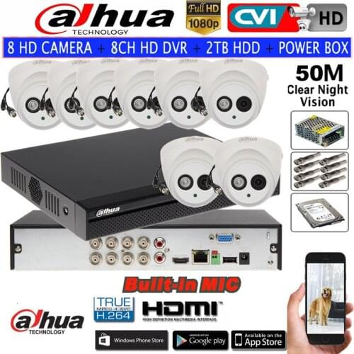 DAHUA 1080P Built-in Mic Network IR Dome camera HAC-HDW1200E-A HDCVI camera 8CH HCVR5108HS-S3 CCTV camera kit HDD with power box