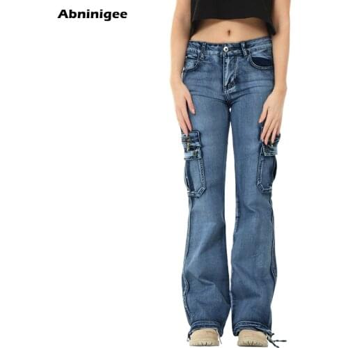 Jeans Woman High Waist Wide Leg Y2k Cargo Flare Jeans Vintage Casual Multi Pocket Washed Denim Bell Bottom Pants Plus Size