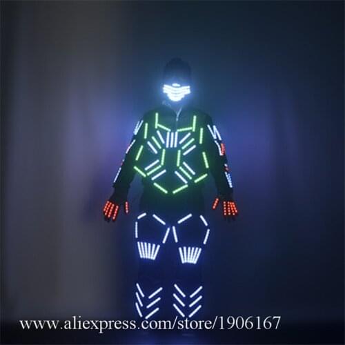 Colorful Led Light Up Dance Ballroom Costumes Led Luminous Robot Men Suit Mask Clothing Led Party Performance Show Outfits Glove
