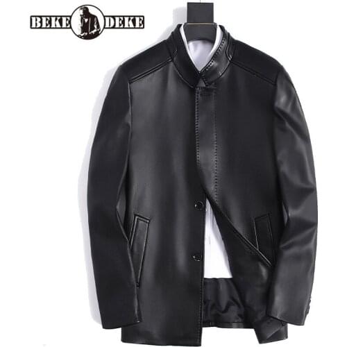 Men Business Genuine Leather Jackets Autumn Winter Stand Collar Sheepskin Casual Short Coat Brand Single Breasted Outwear 7XL