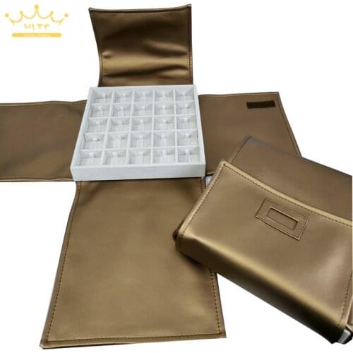 Square Shape 25 Grids Velvet Jewelry Display Tray With Gold Black PU Cover Portabel Ring Storage Holder Travel Carrying Case Bag