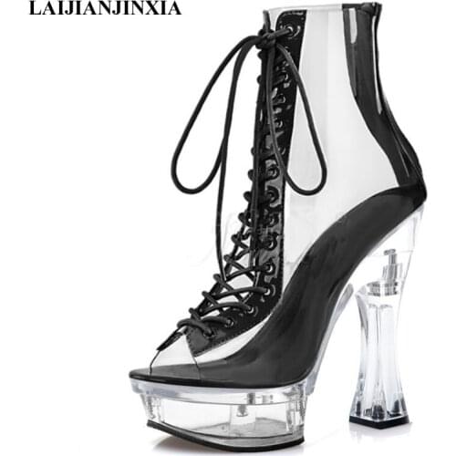 LAIJIANJINXIA New Women Sexy Ankle Boots Fashion Transparent Platform Party Club Model Catwalk High Heels Pole Dancing Shoes