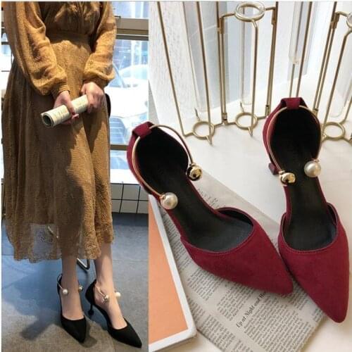 LLOGAI 2021 New Korean Fashion Point Shallow Mouth with Pearl High Heels Sexy Hollow Comfortable High Heels