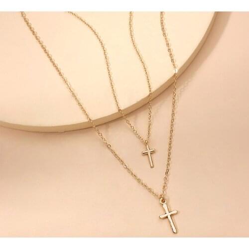 Fashion Double Layer Cross Necklace Pendant Women Creative Personality Simple Gold Silver Color Short Choker Necklace Jewelry