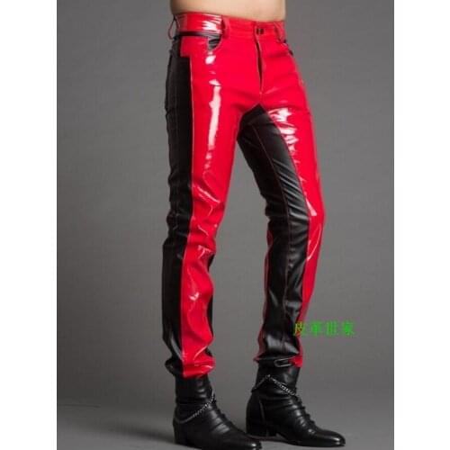 29-39 ! Mens New Stage Trousers Dj Color Block Fashion Personality Slim Leather Pants Male Singer Motorcycle Costumes