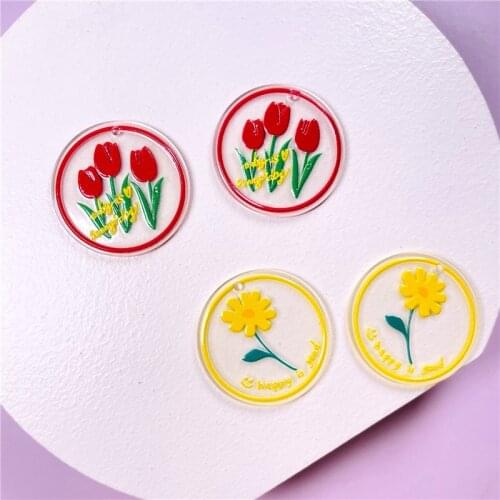 Wholesale 50pcs/lot color flowers pattern print geometry rounds shape Transparent acrylic beads diy jewelry earring accessory