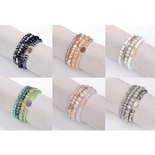 Wholesale 6*4 Pcs Set Layered Stretch Beaded Stackable Bracelet Hexagon Druzy Stone Bracelets Layering Bead Statement Bangles