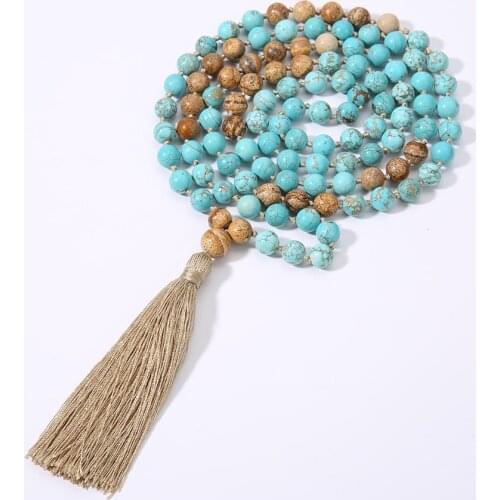 Natural Picture Stone & Blue Pine 108Mala Beaded Knotted Necklace Blessing Meditation Yoga Tassel Fashion Japamala Jewelry