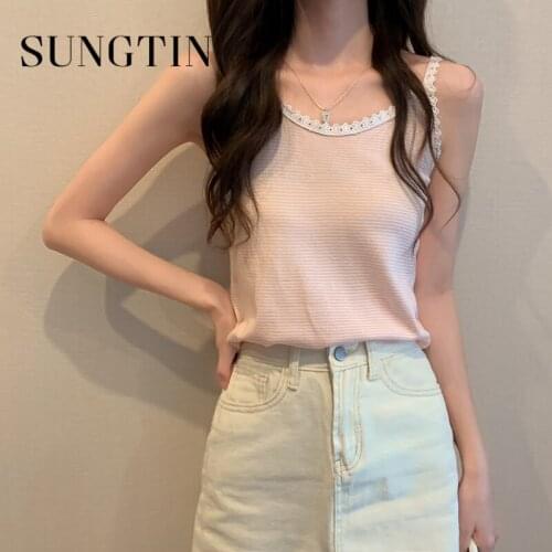 Sungtin Sweet Lace Striped Knitted Tanks Tops Women Kawaii Colorful Sleeveless Camis Female Cute Korean Fashion Tanks Top New