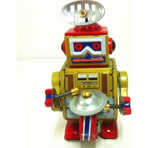 [Funny] Classic collection Retro Clockwork Wind up Metal Walking Tin Band Play gong drum robot recall Mechanical toy kids gift