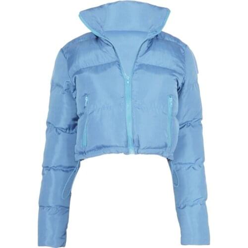 Women Winter Long Sleeve Puffer Jacket Zip Up Solid Color Cropped Bubble Coat Drawstring Hem Quilted Parkas with Pockets