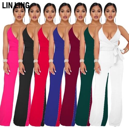 LINLING Summer Women Classic Solid Color Elegant Sleeveless V-Neck Butterfly Bandage High Waist Drop Wide Leg Long Jumpsuits