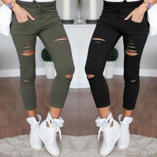 New Women Skinny Pants Sexy Hole Knee Pencil High Waist Legging Slim Trousers Stretch Ripped Jeans Plus Size 4XL