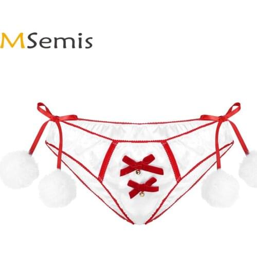 Ladies Sexy Christmas Satin Panties Cute Bowknot Side Fuzzy Balls Decor Sissy Briefs Underwear Erotic Bikini Lingerie for Women