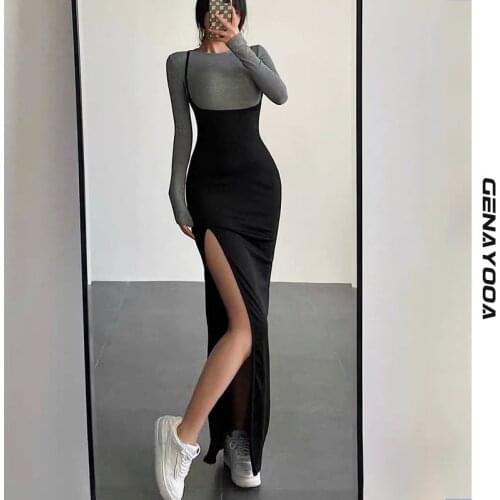 Genayooa Sexy Split Design Dress Set 2021 Autumn Spring Long Sleeve T-Shirt Women Two Piece Set Elastic Slim 2 Piece Suit Y2K