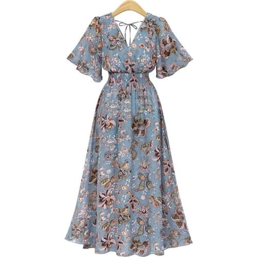 Womens Dress 2021 Fashion Boho Long Dress for Women V Neck Short Sleeve Floral Print Belt Large Hem Beach Long Dress Elegant