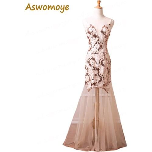 Elegant Mermaid Long Evening Dress Sequined Formal Dresses Illusion O-Neck Prom Gowns 2018 New Haute Couture Vestido De Festa