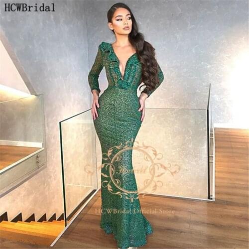 New Green Long Sleeve Arabic Evening Dress V Neck Floor Length Chic Sequin Prom Gown Big Size Women Formal Party Dresses