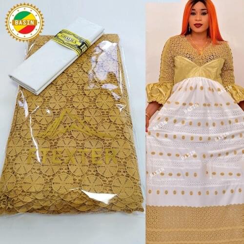 2.5 +2.5 Yards Bazin With Dry Lace/ Stain With Sequined Net Lace For African Women Wedding Dresses Latest Style Lace Materials