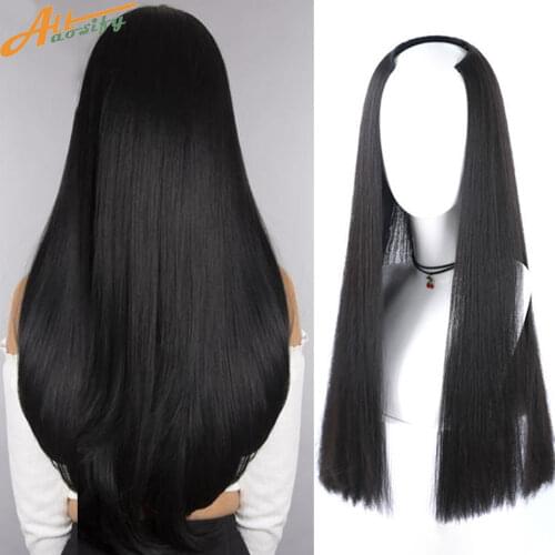 Allaosify Natural Clip in One Piece Synthetic Hair Extension with 5 Clips black Brown hair accessories for women