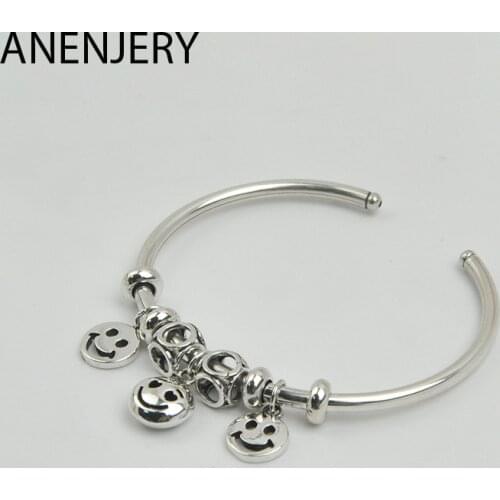 ANENJERY 925 Sterling Silver Smiling Face Charms Beads Bracelet Bangles For Women Handmade Thai Silver Jewelry Gift S-B414