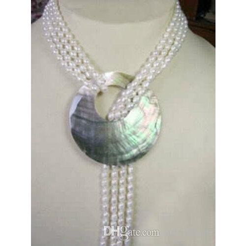 6-7MM White Akoya Cultured Pearl Necklace Shell Pendant 48"