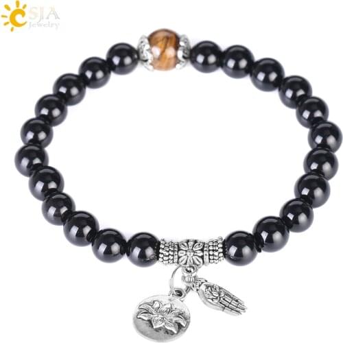 CSJA Natural Stone Obsidian Lucky Beaded Bracelet Tiger Eye Big Beads Bracelets Black Elastic Bangle Buddha for Men Jewelry F387