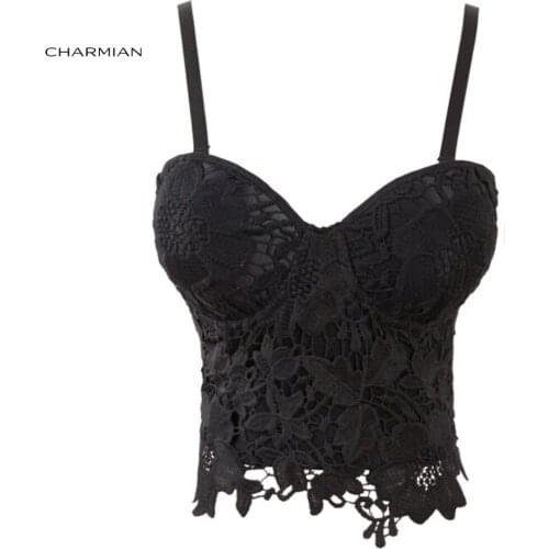 Charmian Plus Size Sexy Floral Lace Bustier Black or White Clubwear Party Crop Bra Corset Top for Women