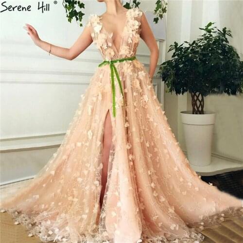 Dubai Peach Deep-V Sexy Tulle Prom Dresses Diamonds Handmade Flowers A-Line Gowns 2020 Serene Hill BLA60990