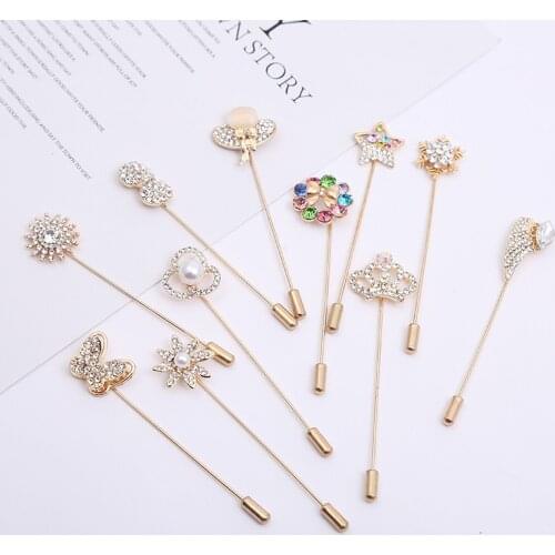 Trendy Crown Flower Star Pins Brooches Rhinestone Pearl Scarf Buckle Shawl Cardigan Long Needle Zinc Alloy Women Accessories