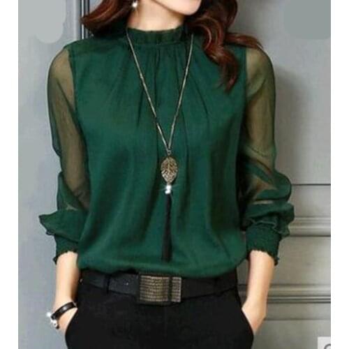 New Women Tops Long Sleeve Stand Neck Work Wear Shirts Elegant Lady Casual Blouses womens blusas Plus size Chiffon Blouse