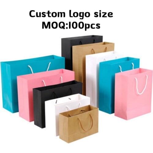 10pcs Gift Paper Bag Custom logo size Gift Clothing Shopping Bag Kraft Paper Spot Printing Logo Solid Color Black White Pink