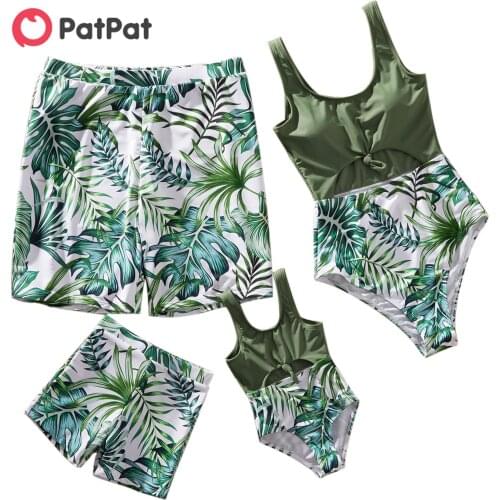 PatPat 2021 New Summer Family Look Leaf Print Stitching Solid Hollow Out One-piece Matching Swimsuits
