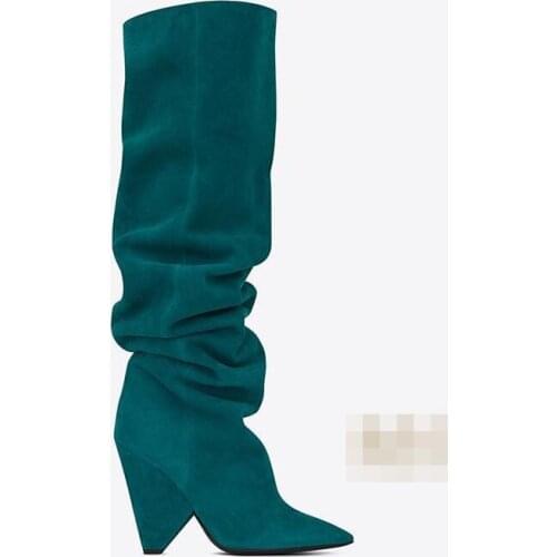 Real photos lake blue pointed toe spike chunky heel knee high women boots real photos winter woman spike chunky heel boots