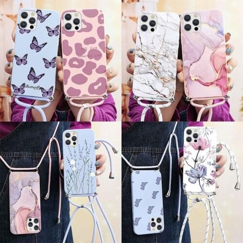 Strap Cord Marble Flower Phone Case For iPhone 12 Mini 11 Pro XS MAX 6 6s 7 8 Plus XR X 5 5S SE 2020 Necklace Lanyard TPU Cover