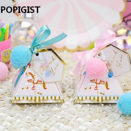 Pink / Blue Triangular Pyramid Horse Baby Shower Candy Box Bomboniera Baby Baptism Birthday Party Decoration Gift Boxes