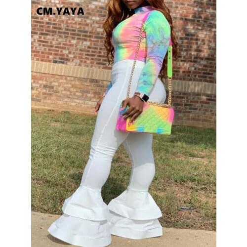 CM.YAYA Women Elastic Pants Leggings High Waist Flare Ruffles Patchwork Trousers Draped Jogger Pants Sweatpants