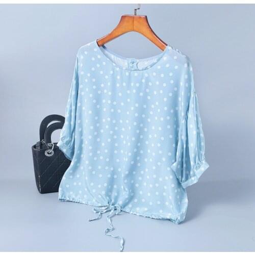 T Shirt Women Summer 2019 New 100% Silk Printed Round Neck Drop Shoulders Loose Lace-up Bow Fashion Woman Clothes S-XL