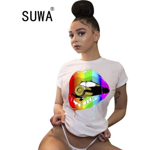 2020 NEW Product Women Multi Color Lips Print O-neck Short Sleeve T-shirt Fashion Classic Tee Tops Classic 90s tshirt